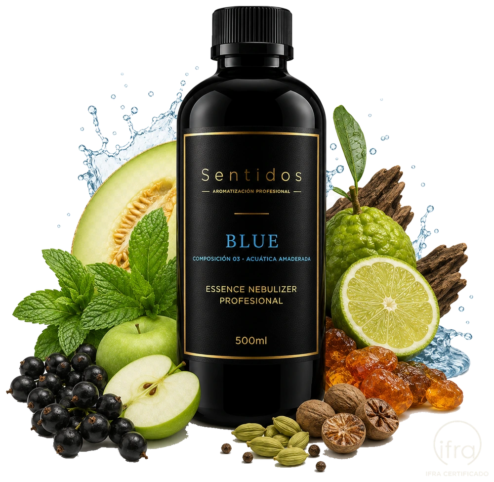 Fragancia Blue, Sentidos Aromatización — composición Acuática Amaderada con melón, bergamota y ámbar