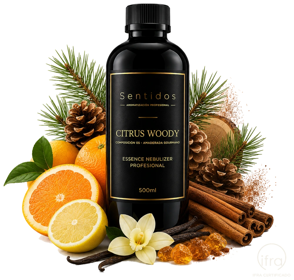 Fragancia Citrus Woody, Sentidos Aromatización — composición Amaderada Gourmand con cítricos, canela y vainilla