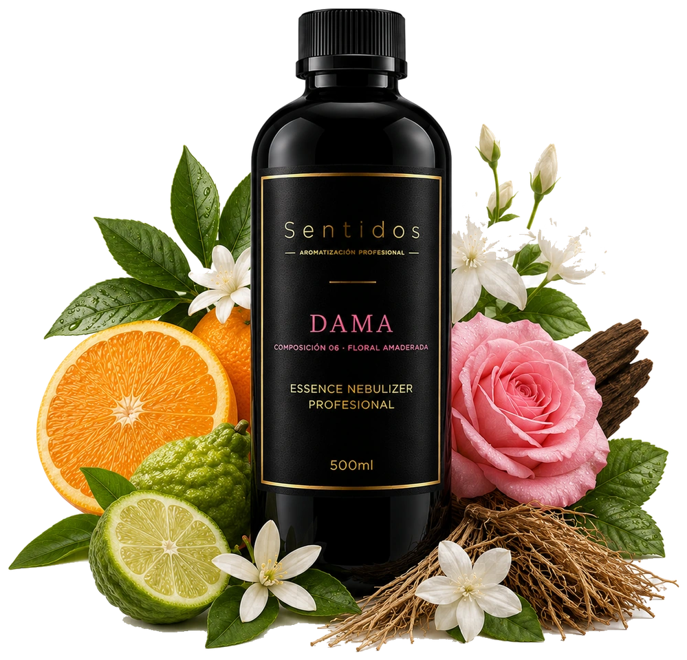 Fragancia Dama, Sentidos Aromatización — composición Floral Amaderada con naranja, rosa y pachulí