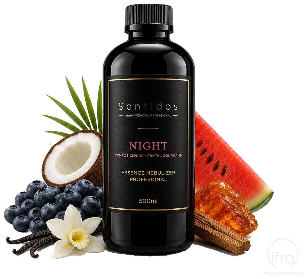 Fragancia Night, Sentidos Aromatización — composición Frutal Gourmand con arándano, coco y vainilla