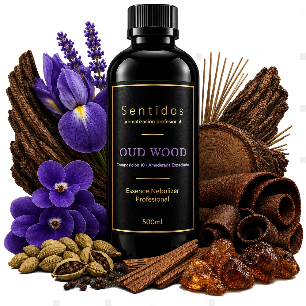 Fragancia Oud Wood, Sentidos Aromatización — composición Amaderada Especiada con violeta, iris y cuero